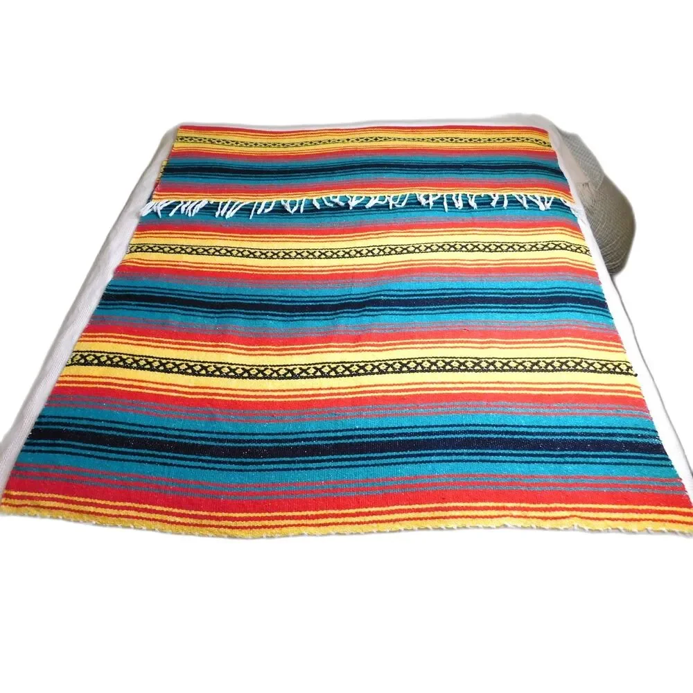 VTG Mexican Serape Blanket Rainbow Striped Boho Southwestern Fringe 74x52 Woven